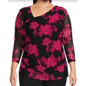 Calvin Klein Plus Size 2X Floral Print Mesh Asymmetric V-Neck 3/4 Sleeve Ruched